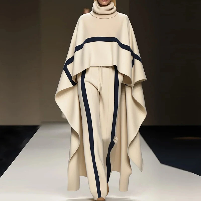 Winter Temperament Outfit Show Style Scarf Collar Bat Sleeve Cloak Tops&Drawstring Pants Set Chic Striped Stitch 2Pcs Suit Women