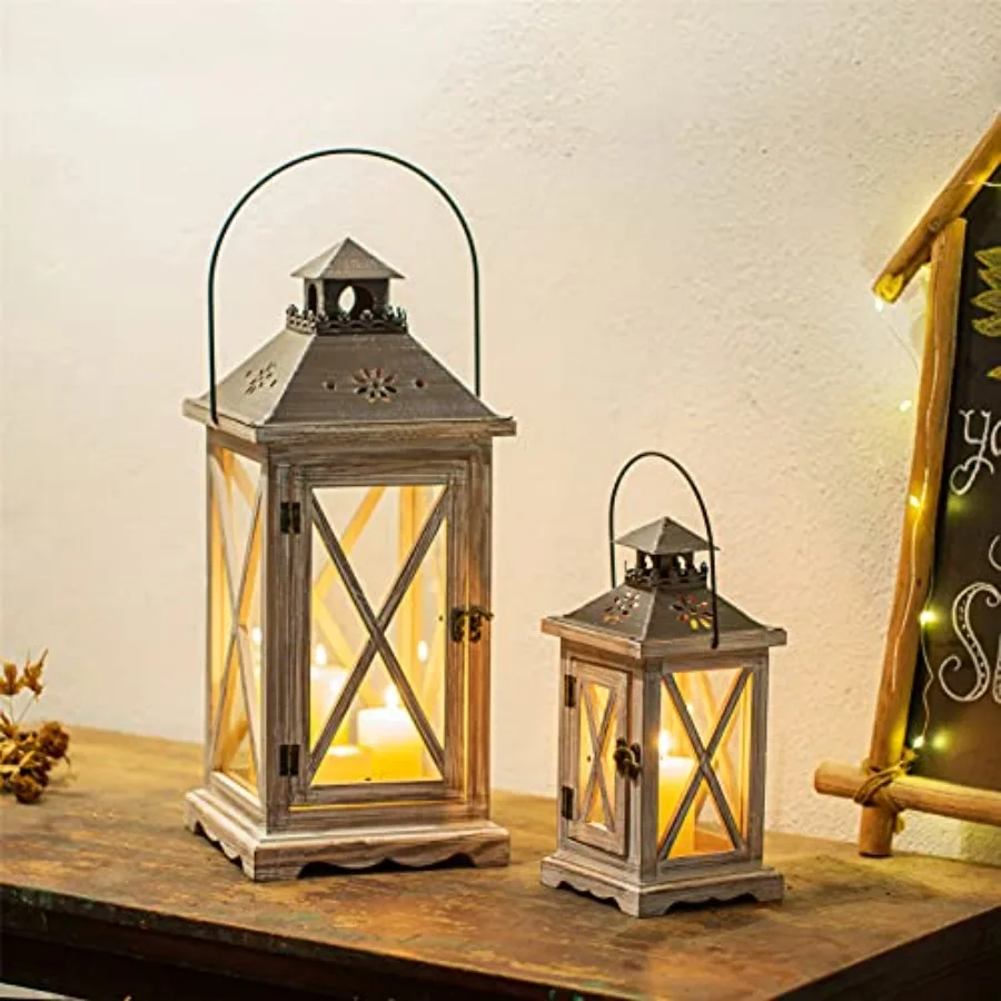 Farmhouse decor: wooden lanterns in natural wood tone, 19in and 11in tall, set of 2 for rustic indoor or outdoor lighting view 2