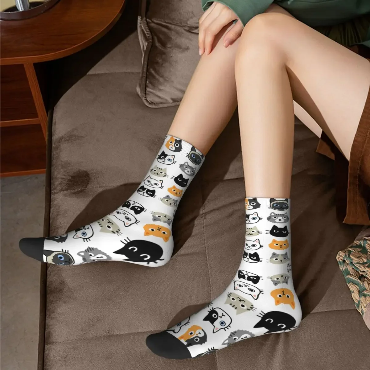 Assorted Cat Faces Cute Quirky Kitty Cat Drawings Socks Harajuku High Quality Stockings All Season Long Socks Accessories