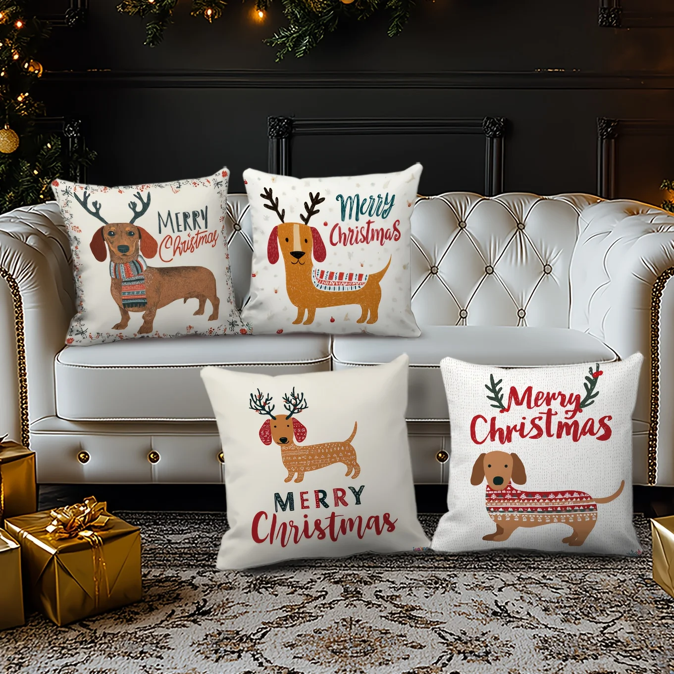 Christmas Pillowcases with Sausage Dogs And Reindeer, Festive Cozy Design Cushion Covers for Tea Room Fireplace Garden Lounge Pa