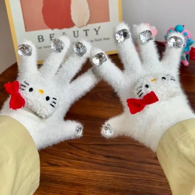 1 쌍 헬로 키티 만화 두꺼운 따뜻한 장갑 귀여운 산리오 플러시 장갑 라인스톤 장식 크리스마스 생일 선물 학생용