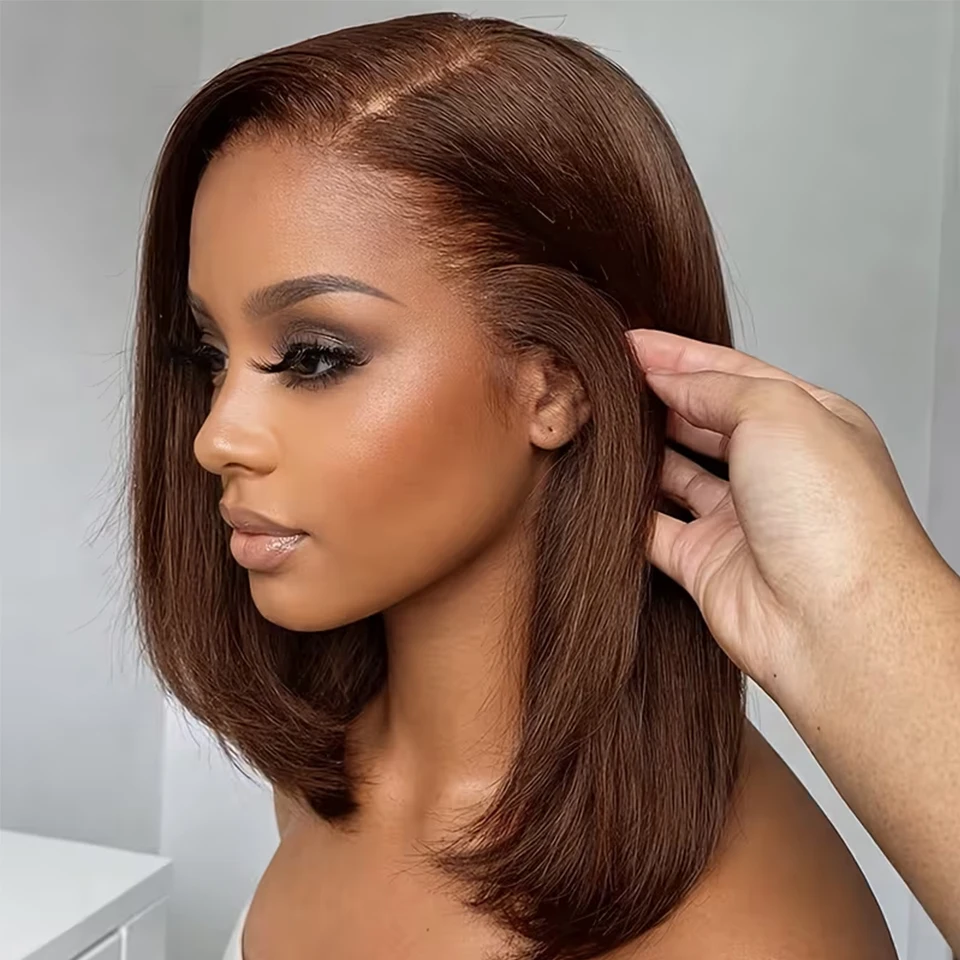 

#4 Chocolate Brown Short Bob Wig Human Hair 13X4x1 L Lace Front Wigs Pre Pluck Straight Blunt Cut Wigs for Women 8-16 INCH