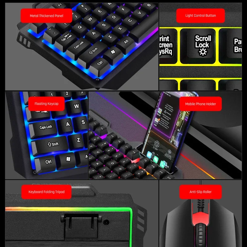 Mechanical Feel Wire Gaming Keyboard Mouse Set USB RGB Colorful Luminous Keyboard Mice for PC Gamer Computer With Phone Holder