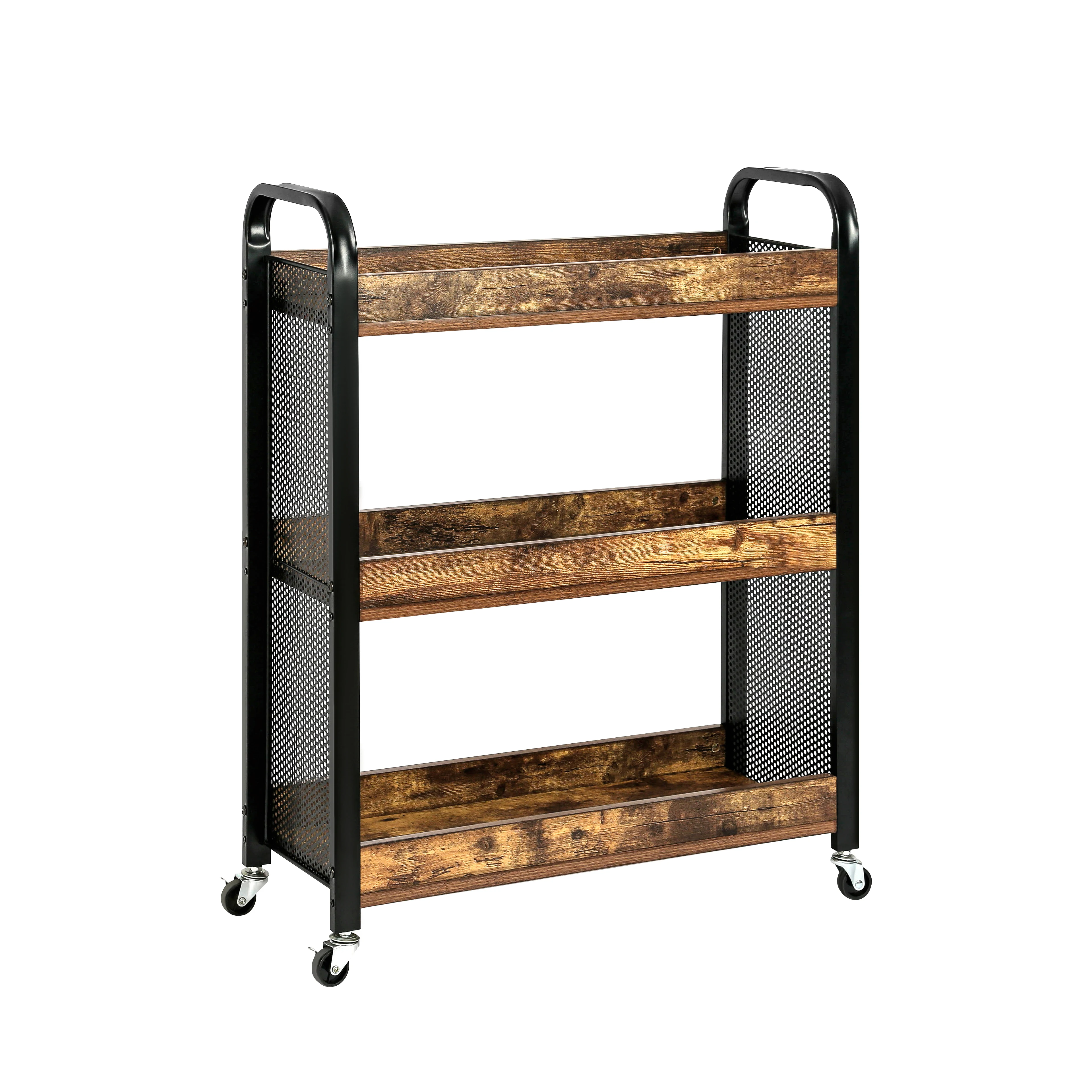 ￥66-lb-capacity-3-tier-rustic-storage-cart-wheels-narrow-design-adjustable-feet-particle-board-rustic-brown-black-durable