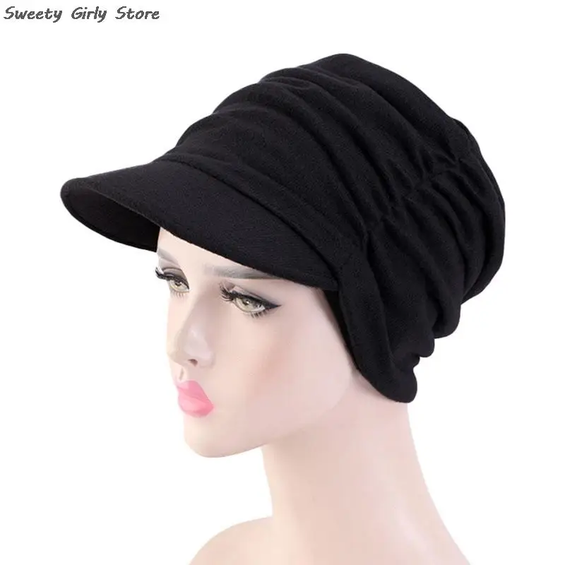 Ethnic Style Earflap Hat Women Floral Pleated Visors Caps Windproof Warm Turban Hats Comfortable Beret Cap Foldable Headwear