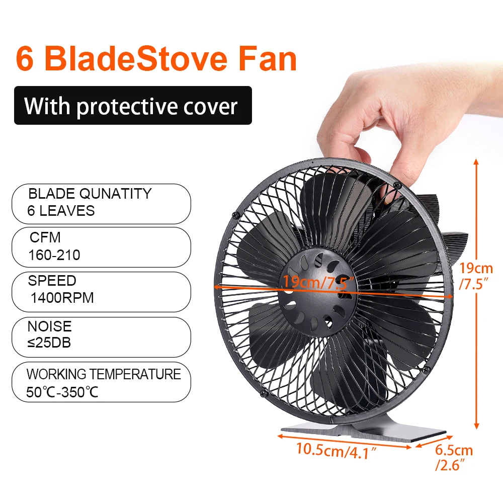 6 Blades Heat Powered Stove Fan With Cover Log Wood Burner Eco Quiet Large Air Volume Fireplace Fan Efficient Heat Distribution