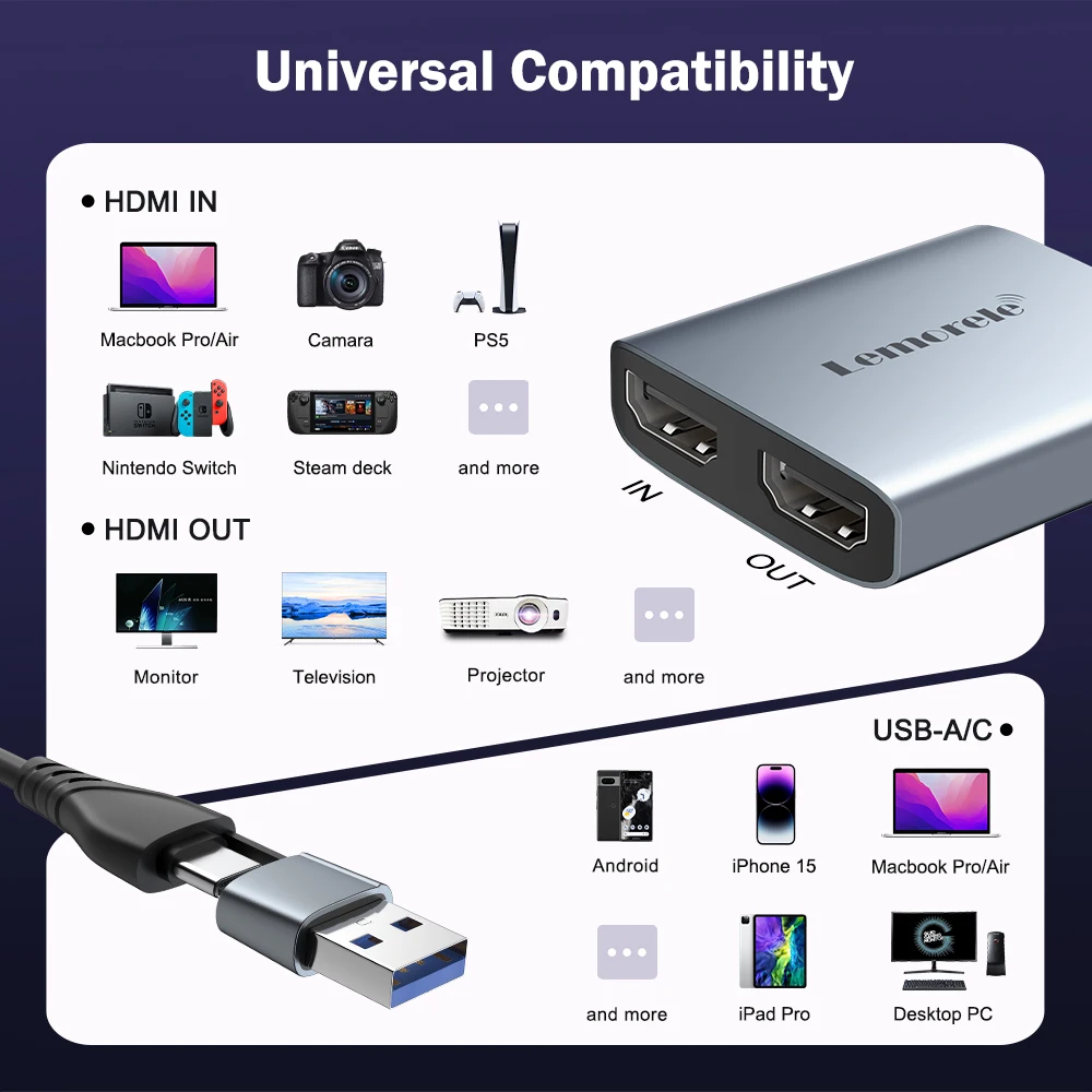 Lemorele Video Capture Card HDMI-Compatible Input 1080P 60hz Output for Game Recording Live Streaming Grabber for PS4/5 Sw