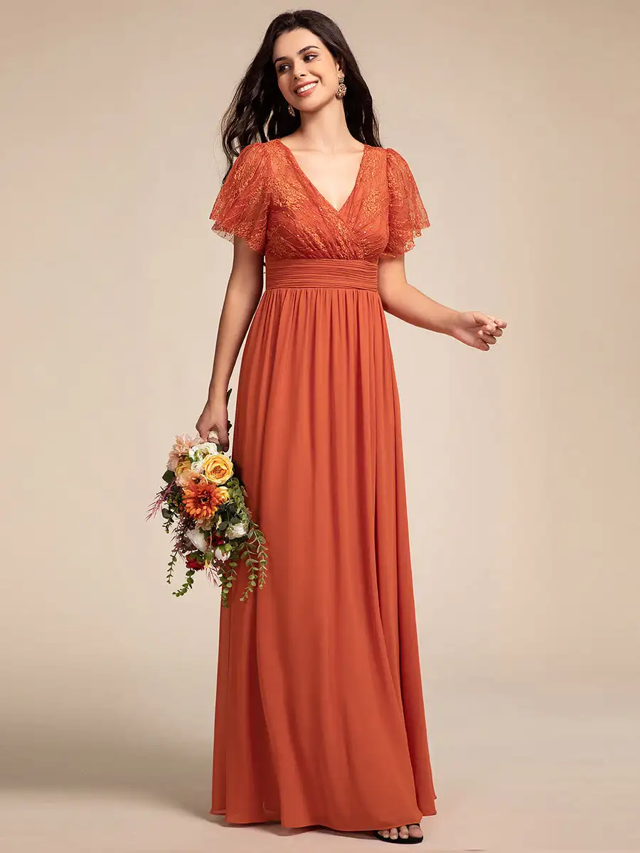 Elegant Evening Dresses Embroidery Glitter See-Through Lotus Leaf Sleeves 2024 Ever Pretty of Burnt Orange Bridesmaid dress