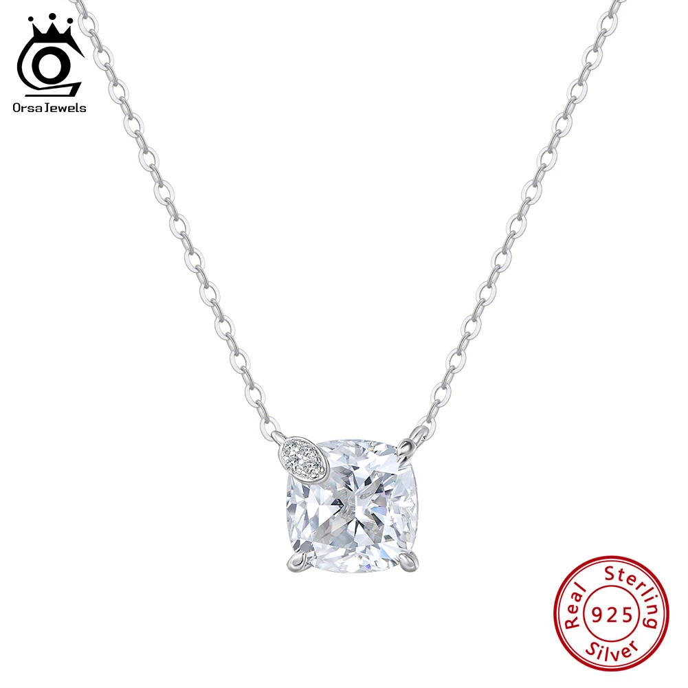 

ORSA JEWELS Fashion 8A CZ Zircon Square Pendant Neckalce Girls 925 Sterling Silver Lucky CZ Chain Necklaces Birthday Gifts LZN29