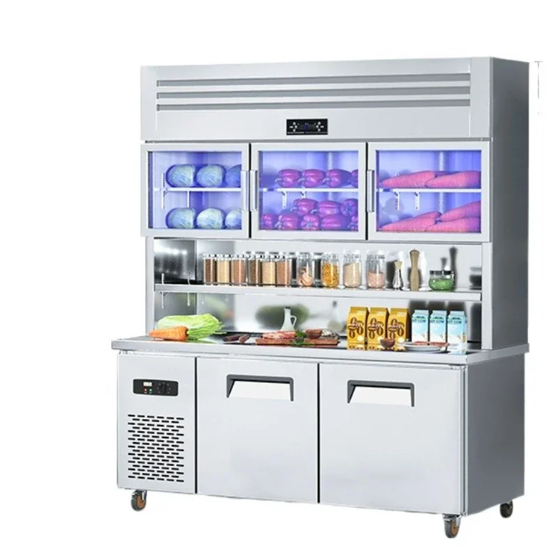 

Multifunctional child and mother cabinet, stainless steel refrigerated and frozen double temperature workbench display cabinet