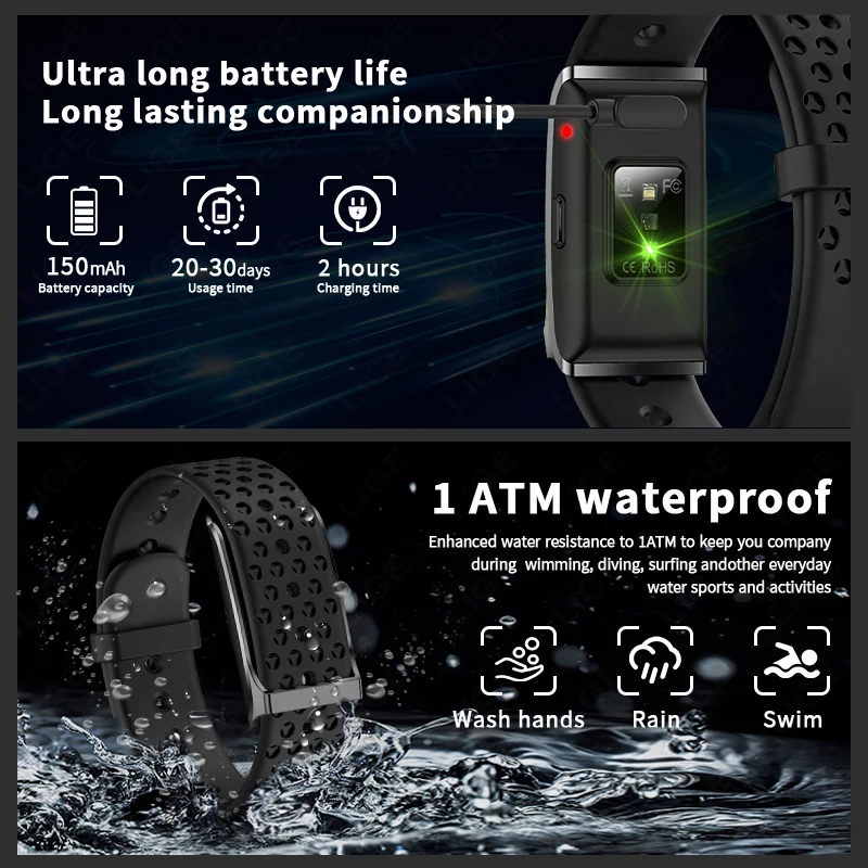 LIGE Smart Watch Men Women Fitness Smart Bracelet Sports Band Heart Rate Blood Pressure Monitor Waterproof Multifunction Watches