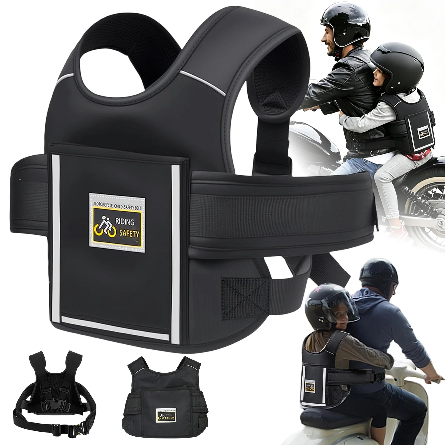 1 Set Verstellbarer Kinder-Motorradgurt, Atmungsaktiver Motorrad-Kinder-Gurt mit Reflektorstreifen, Schwarz