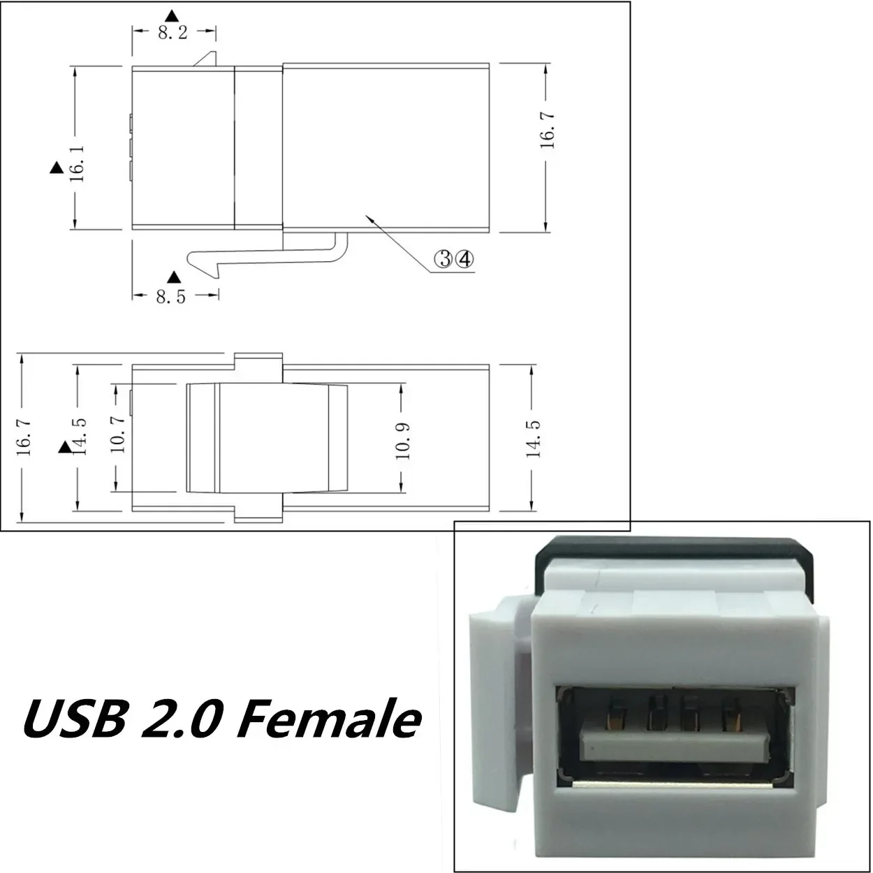 USB 2.0 female head with buckle panel cable, USB wall plug,  direct insertion panel cable, USB 2.0 with cable socket 0.2m