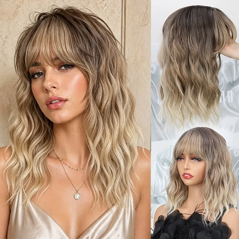 Synthetic Hair Topper With Bangs Balayage Wavy Hairpiece For Women Cover Gray Hair Increase Volume