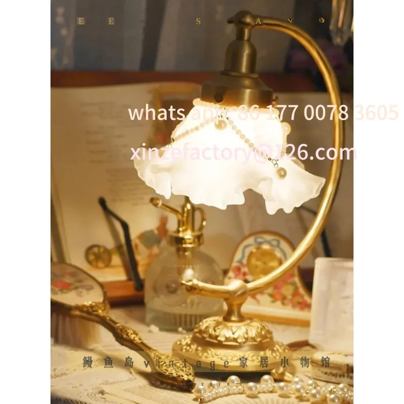 

Customizable Original French Victorian Pearl Lolita White Flower Bud Glass Brass Table Bedroom Bedside Lamp Night