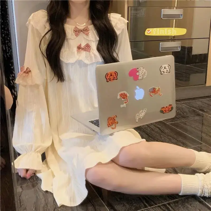 Women Spring Autumn Lace Trim Nightgown Girls Lady Bow Casual Homewear Woman Soft Casual Loungewear Chest Pad Home Clothes Teen