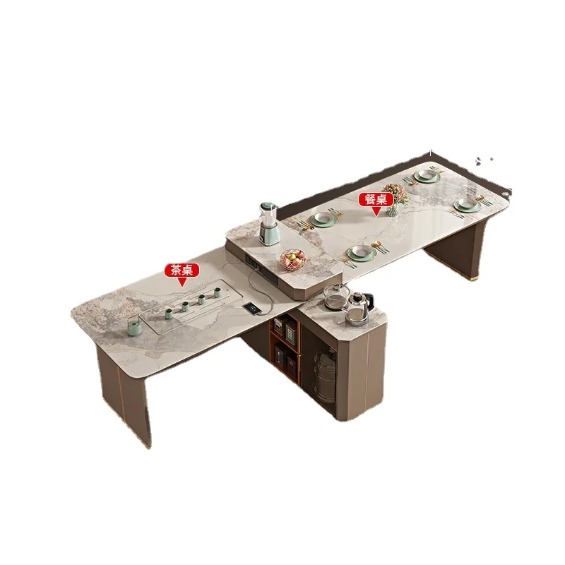 Light Luxury Kitchen Island Dining Table Integrated High-End Modern Minimalist Villa Home Rectangular Light Stone Plate Dining