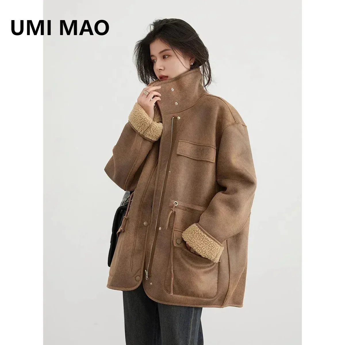 UMI MAO Women's Jackets Thick Warm Solid Suede Reversible Jacket Motorcycle Outer Coat Loose Female Overcoat Winter Autumn