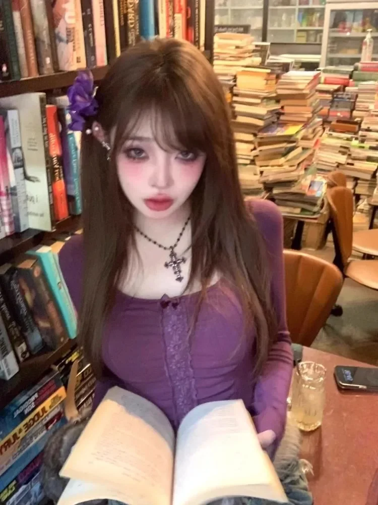 

Lace Hollowed Out Butterfly Square Neck Tops Mujer Autumn New T-shirt for Women Y2k Sexy Slim Fit Long Sleeve Tee Shirt