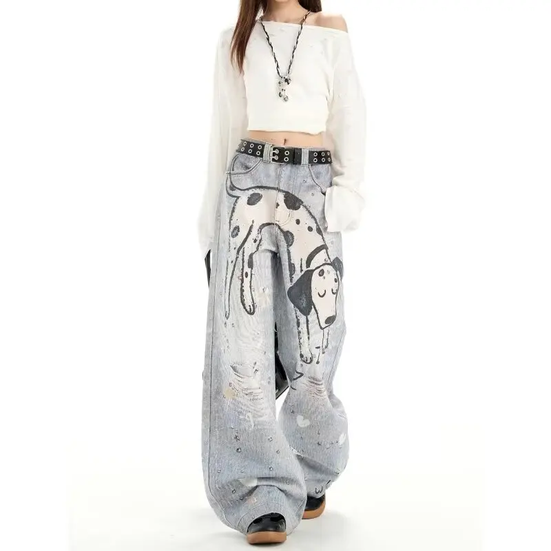 Fashion Retro Y2K Cartoon Sleepy Dog ​​pattern Loose Wide Leg Jeans Unisex Blue Cartoon Puppy Print Mopping Baggy Jeans