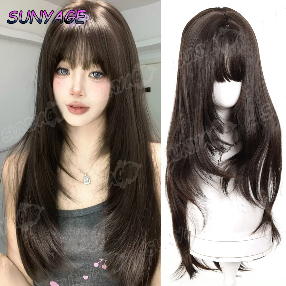 

SUNYAGE Длинный прямой синтетический парик цвета темного чая, подходящий для женщин, термостойкий парик для ежедневного использования, ролевой парик для Хэллоуина