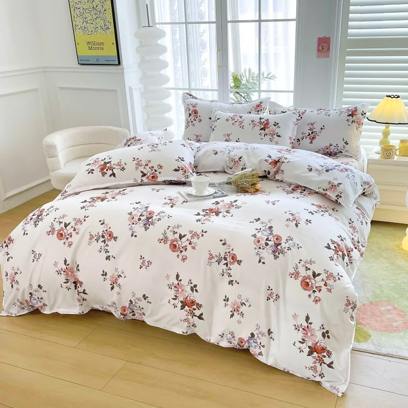 4pcs White Base Rose Floral Bedding Set, Soft Breathable Bed Linen with Duvet Cover, Pillowcases & Sheet, Full/Queen/King Size