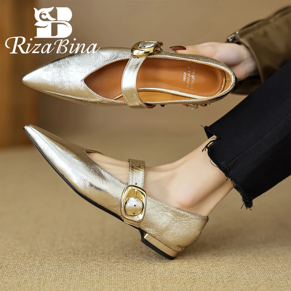 RIZABINA New Real Leather Women Pumps Pointed Toe Low Heels Flat Shoes Ladies Fashion Buckle Strap Dress Office Shoes Size 34-40