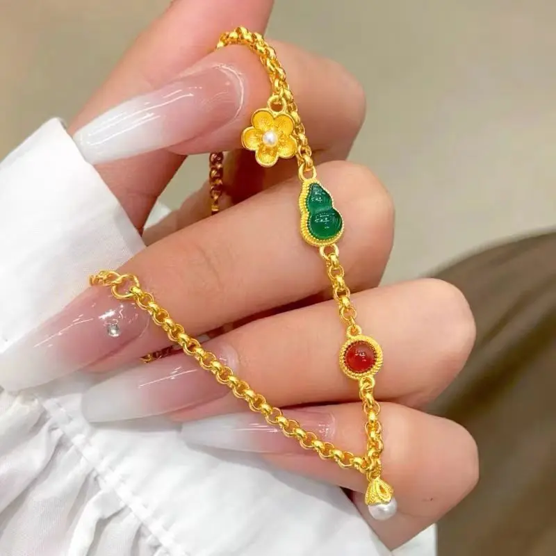 

Ancient Method 9999 24K real gold gourd bracelet flower jade Chinese bracelet female temperament hand decoration