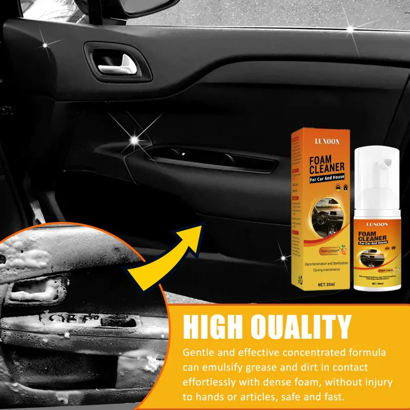 Automobile multi-functional foam cleaner for cleaning glass interior, removing dirt, refurbishing and enhancing shine.