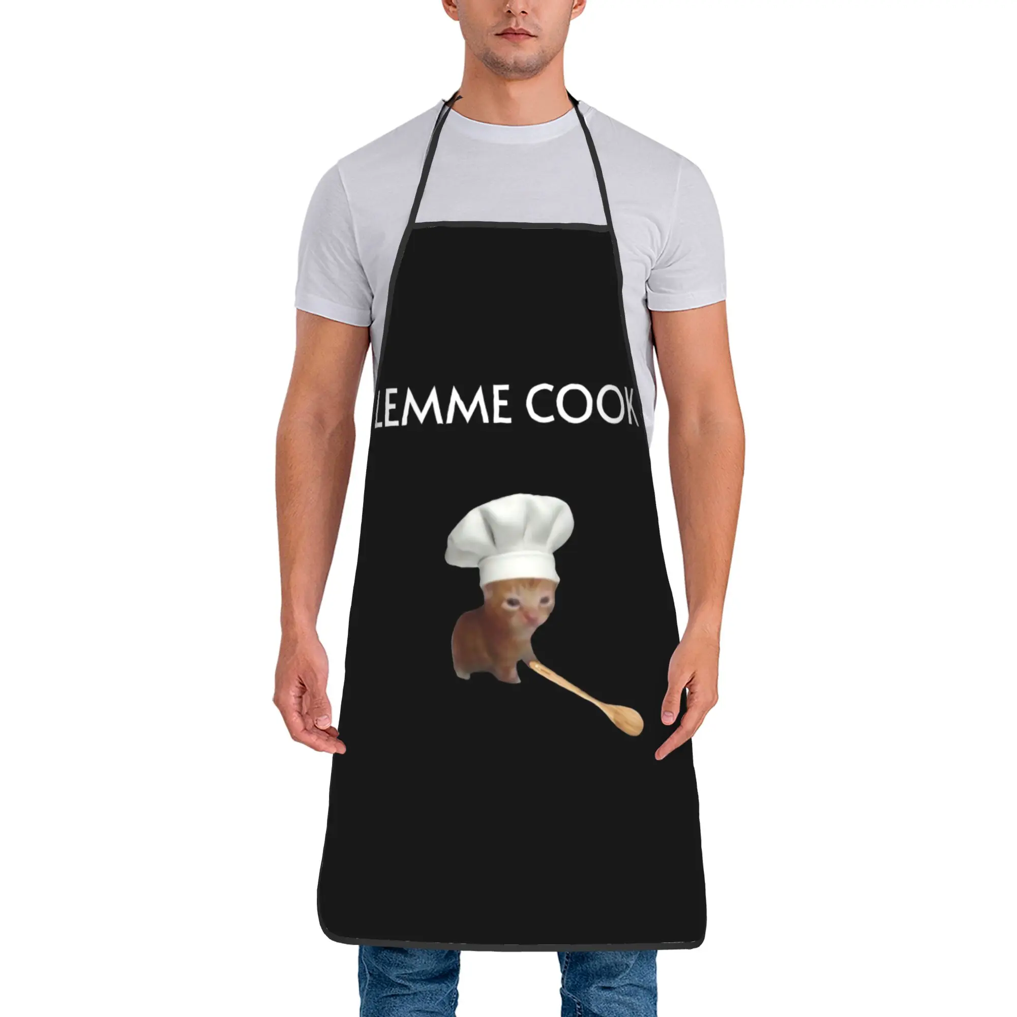 Chef Cat Kitten Meme Lemme Cook Bib Aprons Oil-Proof Polyester Baker Kitchen Pinafore Unisex Adult Fashion Camping