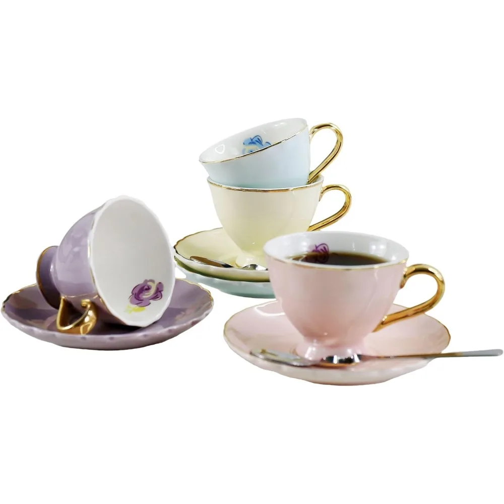 

euro style coffee bar espresso cup and saucer, set of 4 porcelain tea coffee cup for home kitchen tea party (4 assorted color/se