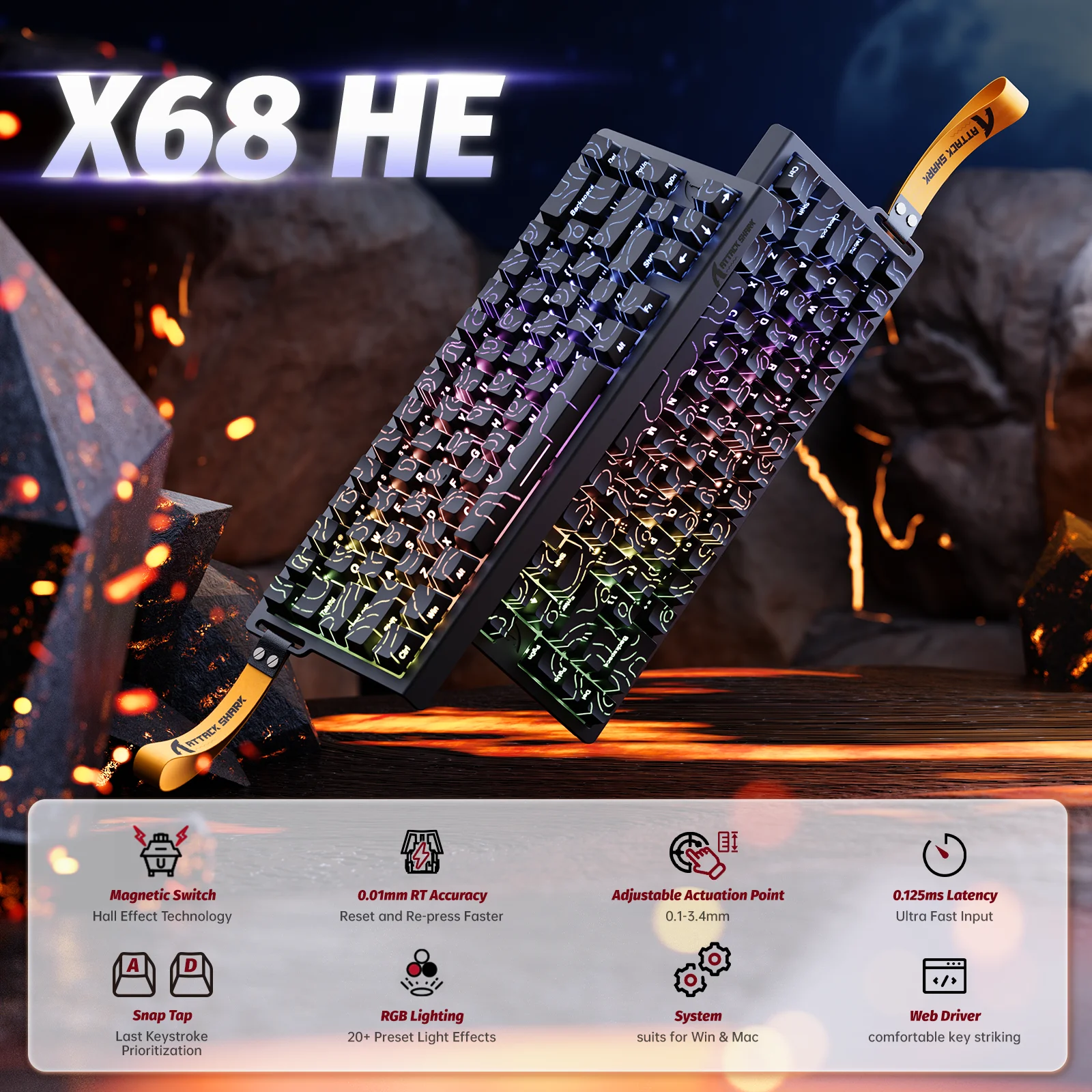 ATTACK SHARK X68 HE Rapid Trigger 8KHz Magnetic Keyboard, 0.01mm