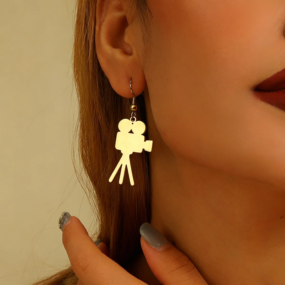 Chandler Tripod Movie Camera Dangle Earrings Stainless Steel Vintage Cinema Jewelry for Women Filmmaker Girlfriend