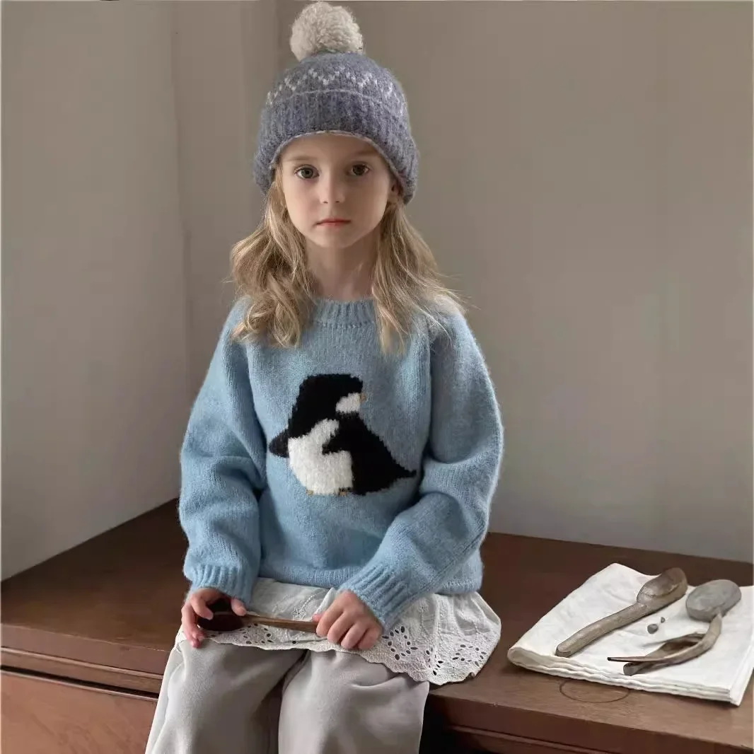 Autumn Winter Cute cartoon penguin knitted wool sweaters Girls Boys soft knitwears Pullovers