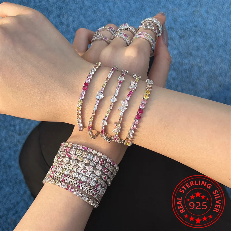 

925 Silver Exquisite Beautiful Colorful 8A Zircon Stitching Bracelet Trendy Light Luxury Unique Women's Fashion Original Jewelry
