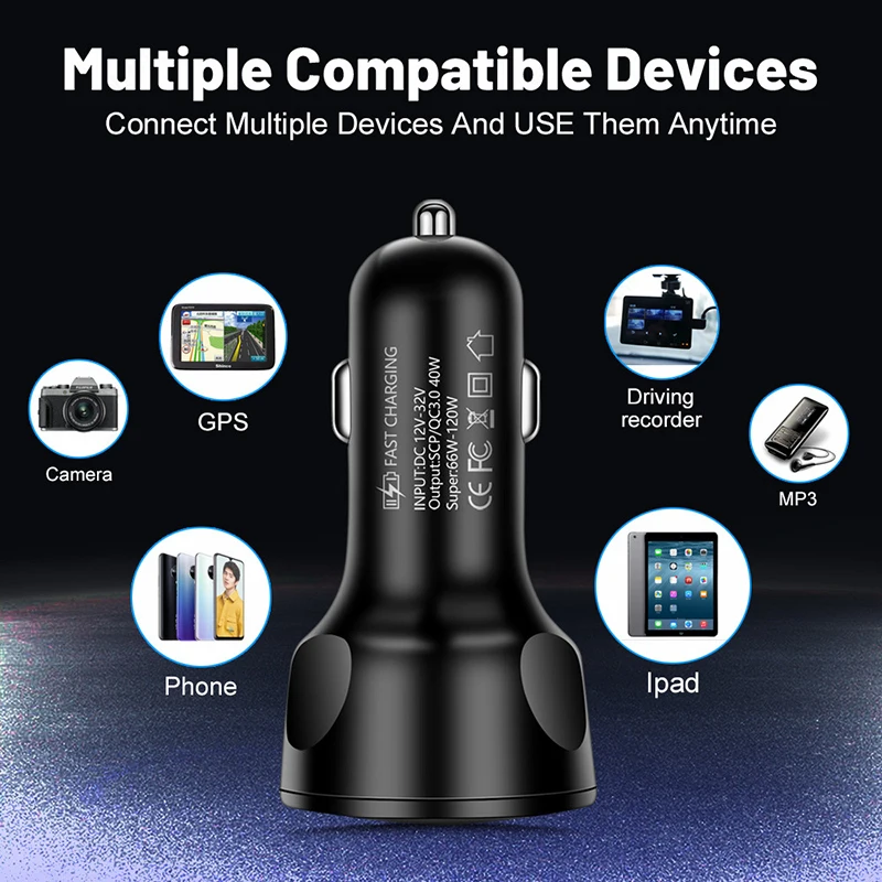66W Multi-Port USB Car Charger 4 Ports Fast Charging Auto Adapter LED Battery Voltage Display 12V 24V For Phone Dash Cam view 5