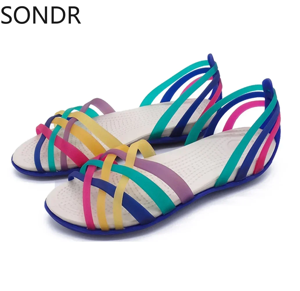 Womens Jelly Rainbow Colors Beach Sandals Peep Toe Flats Shoes Waterproof Anti-slide Girls 