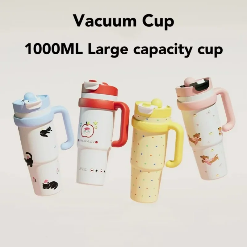 

1000ML cute cartoon thermos cup 316 stainless steel ice cup non-slip frosted handle straw Super large capacity thermos cup