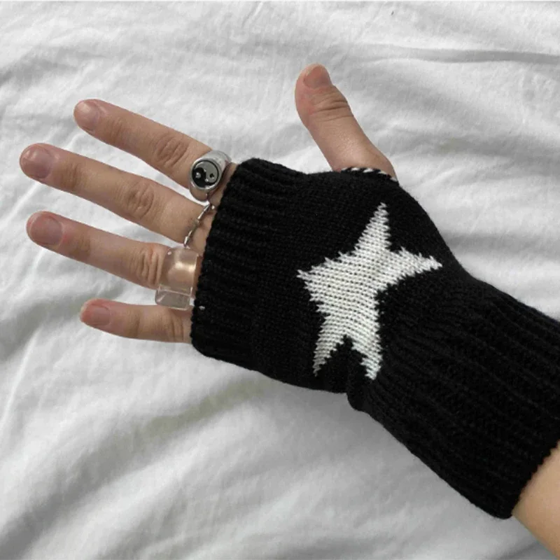 1 Pair Winter Fingerless Gloves Women Thick Elastic Knitted Wool Warm Half Finger Mittens Outdoor Driving Y2K Pentagram Gloves