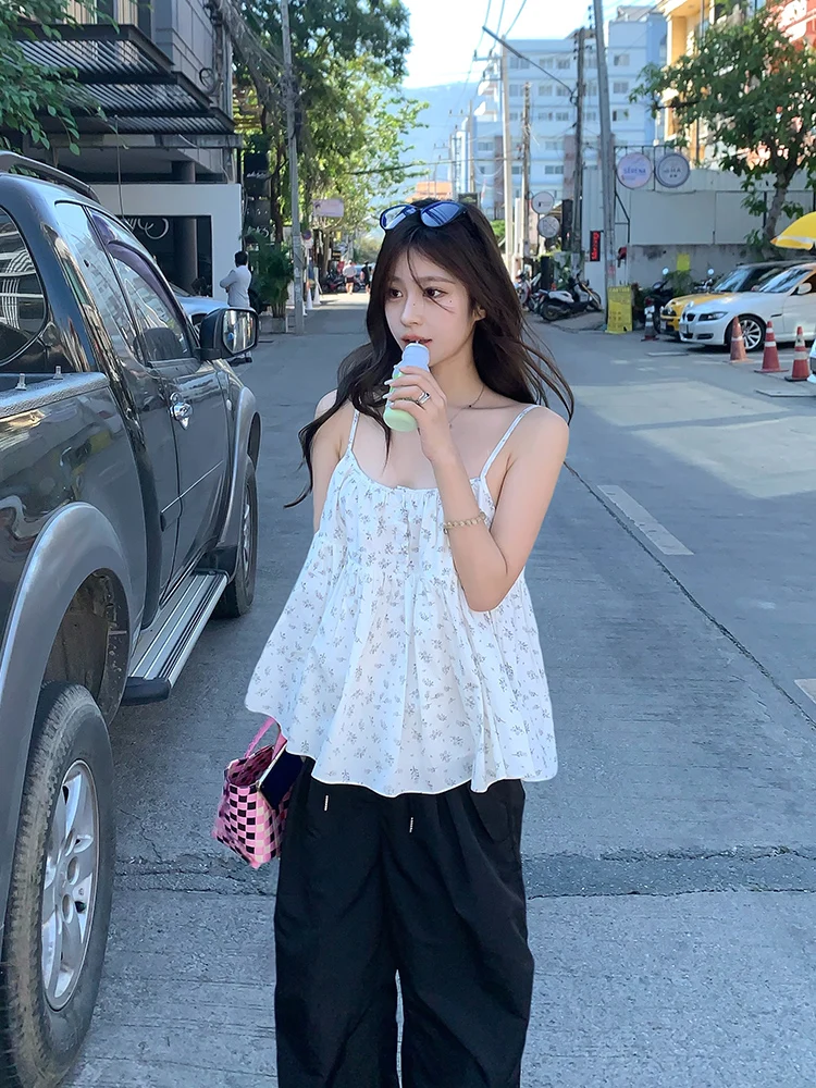 

Adan Floral Print ort Strap Cotton Top Women's Loose Base Layer Summer New Sle Sweet Korean Sle Versatile Layering irt