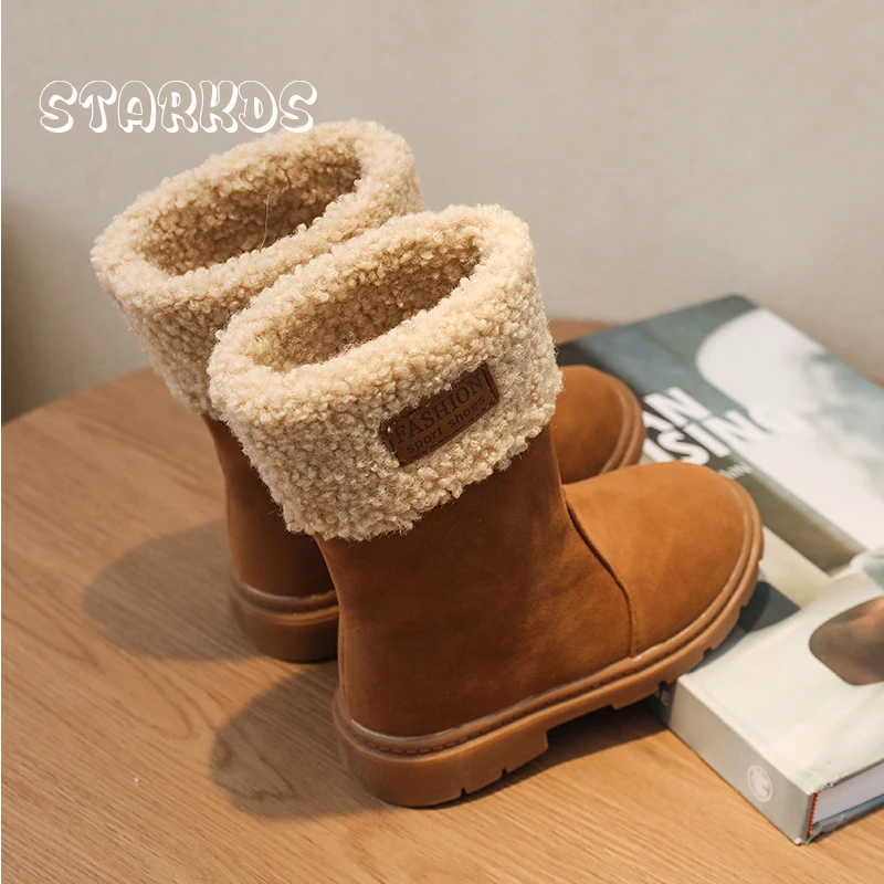 Slip-on Lambswool Snow Boots Kid Girl Winter Warm Teddy Fur High Boots Baby Child Round Toe Flat Sole Plush Western Botas Shoes