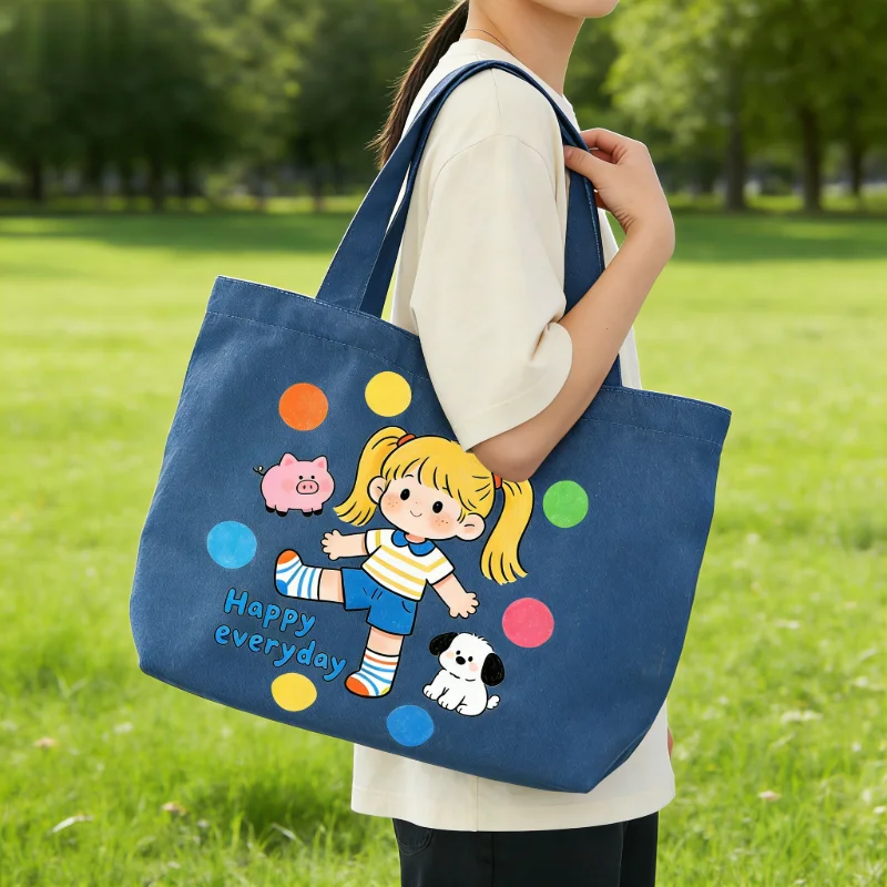 

1 шт., синяя джинсовая холщовая сумка с тематикой «Счастливый каждый день» — большая вместительная сумка для ежедневных поездок, портативная сумка