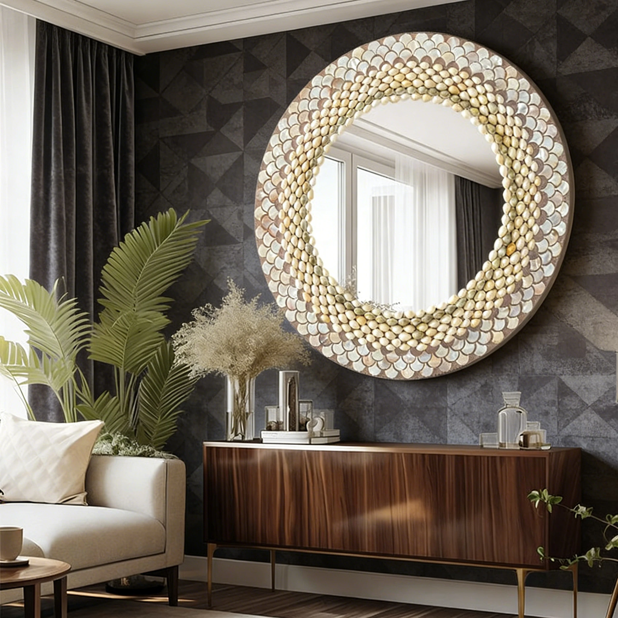 Handmade seashell round mirror - modern bedroom vanity makeup mirror - bathroom decorative mirror
