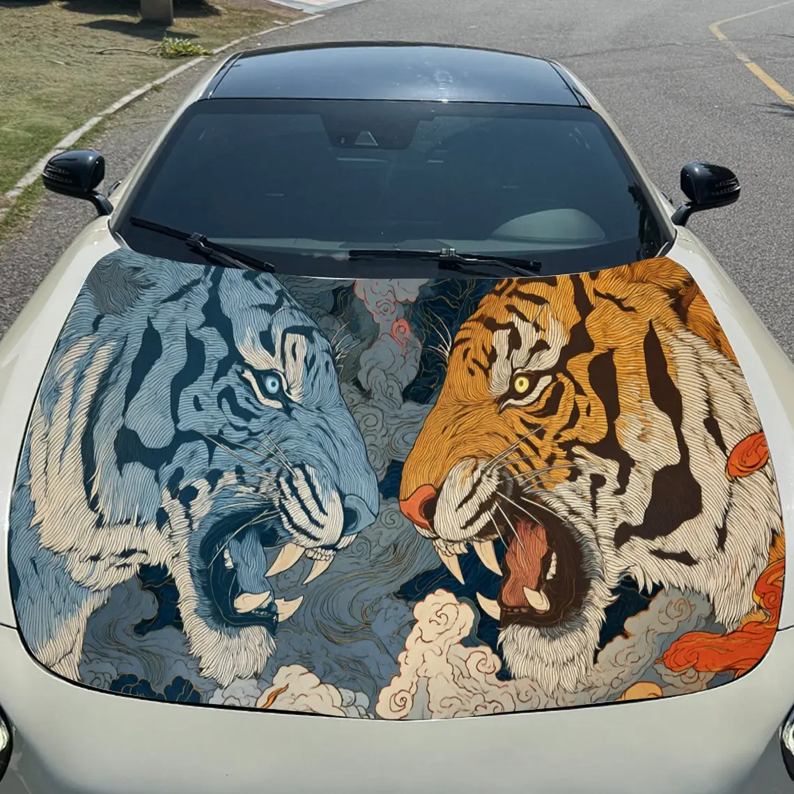 ملصقات غطاء السيارة القوية من Clashing Tigers - لفافة فينيل ذاتية اللصق ومقاومة للماء ومتينة، وتزيين وتحمي سيارتك، Fi