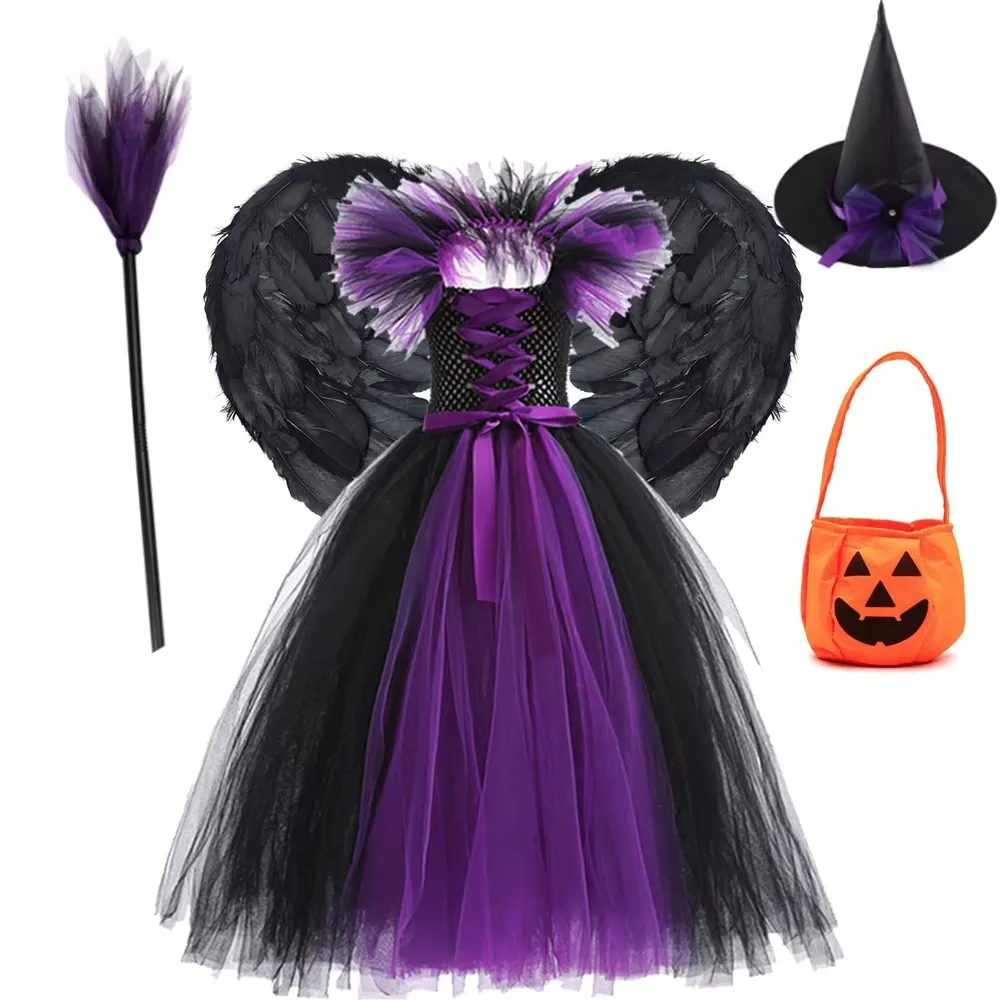 Halloween-Kostüm für Kinder, Mädchen, Gothic-Hexe, schwarz-lila, Horror-Kleid, komplettes Zubehörset, Cosplay für Partys, Trick-or-Treat.