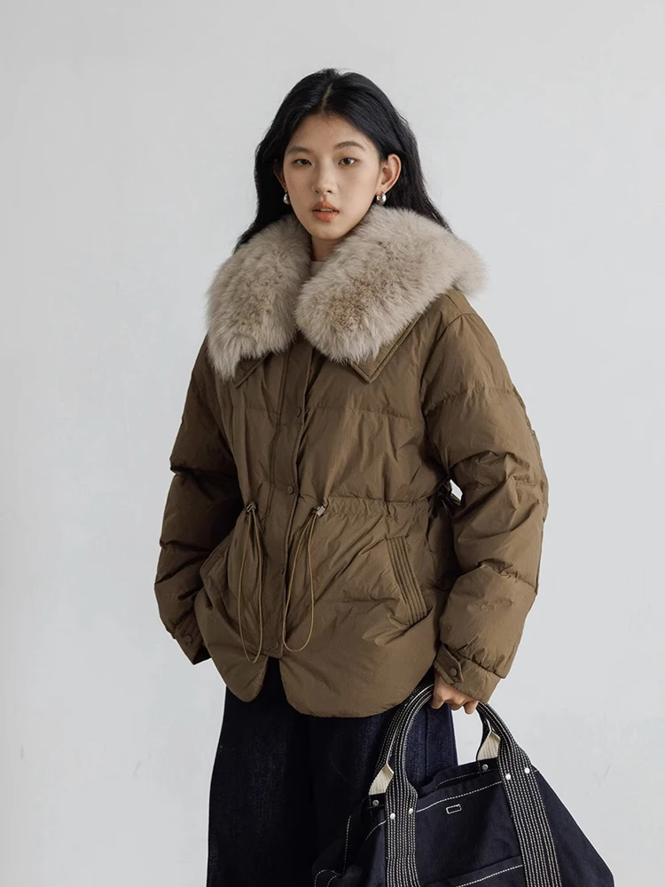 Chaqueta de plumón con cuello de piel auténtica de lujo para mujer, moda de invierno 2026, abrigo acolchado corto con cintura ajustable, prendas de vestir holgadas INKEO DJ631