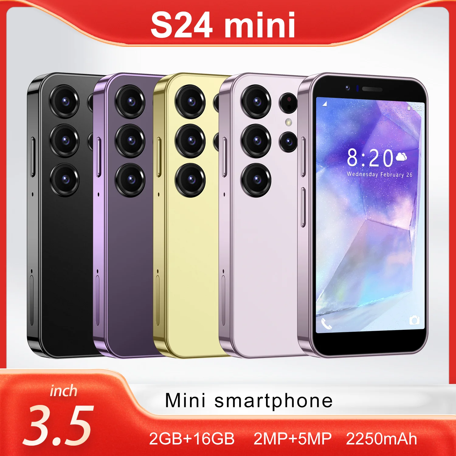 FUFFI-S24 미니 휴대폰, 3.5 인치, 16GB ROM,2GB RAM, 스마트폰 안드로이드, 구글 플레이 스토어, 2250mAh 휴대폰, 2 + 5MP