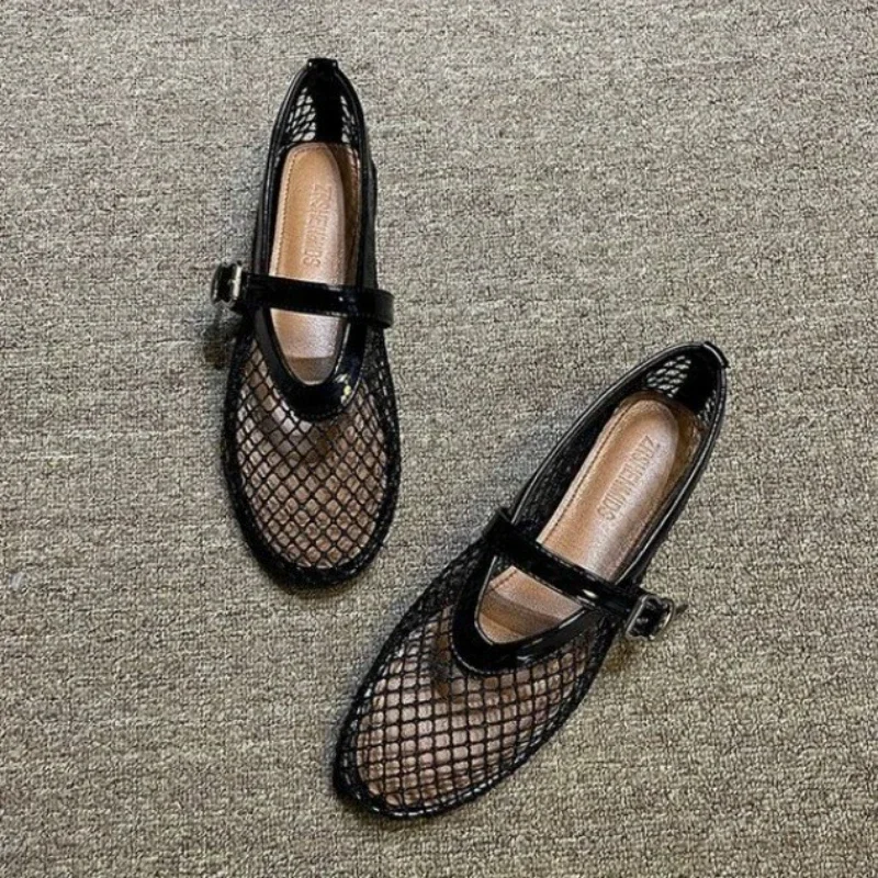 2024 Summer Designer Breathable Shallow Mouth Ballet Shoes Women's Rhinestone Flats Hollow Fishing Net Mary Jane Single Shoes