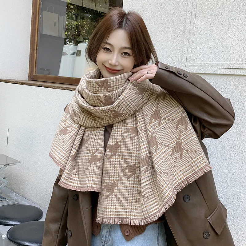 Fashion Brand Cashmere Scarf Women Winter Autumn Houndstooth Plaid Long Pashmina Cold Day Double-sided Tassel Thick Shawl Ladies