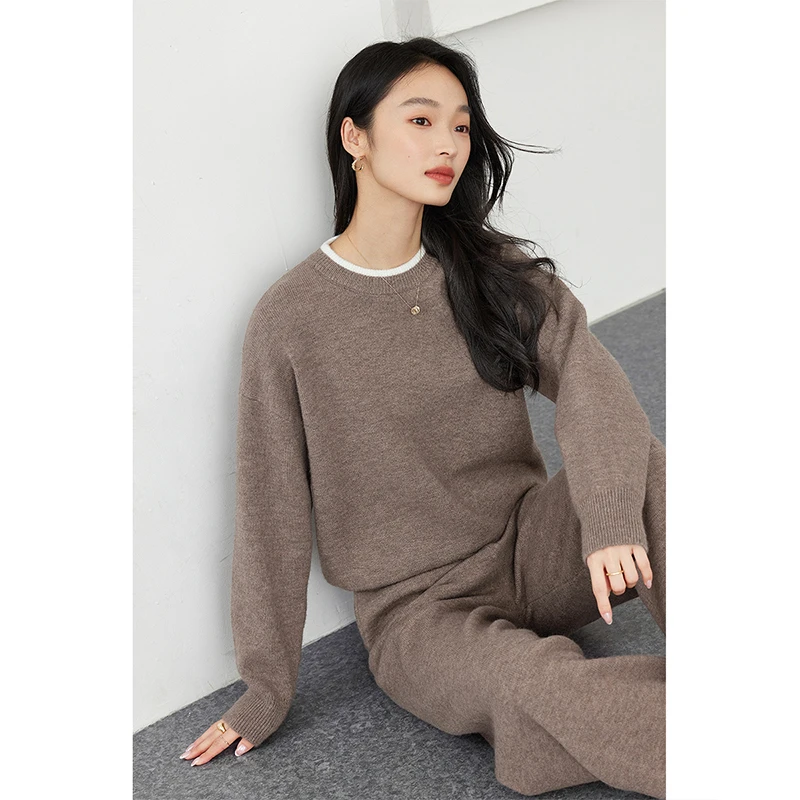 VIMLY Casual Knitted Pant Sets Woman Autumn 2026 New O-neck Long Sleeve Pullovers Wide-leg Long Trousers Women's Clothing 73536